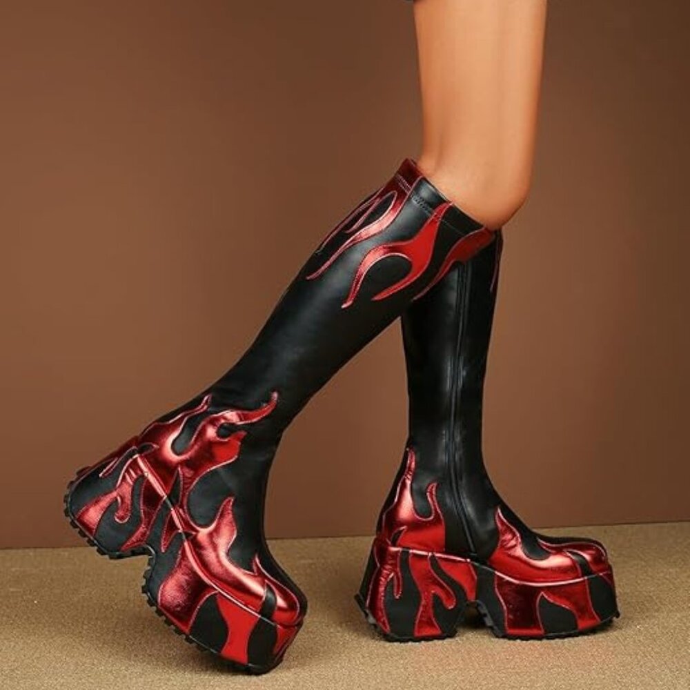 Women’s side zipper high fire red heeled boots - Picture 2 of 6